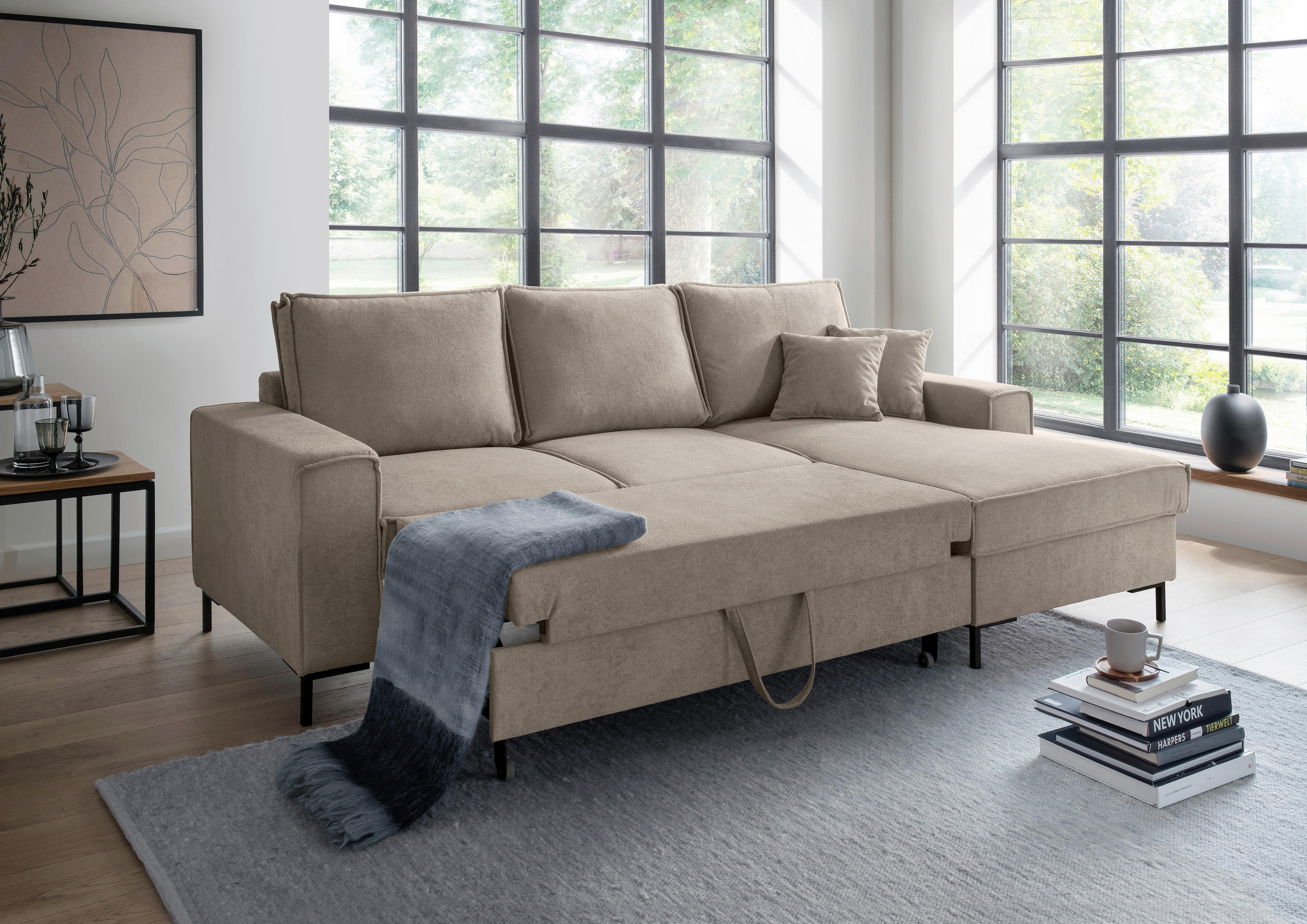 ROHOVÁ SEDAČKA, textil, šedohnědá - černá/šedohnědá, Moderní, kov/textil (240/150cm) - Livetastic