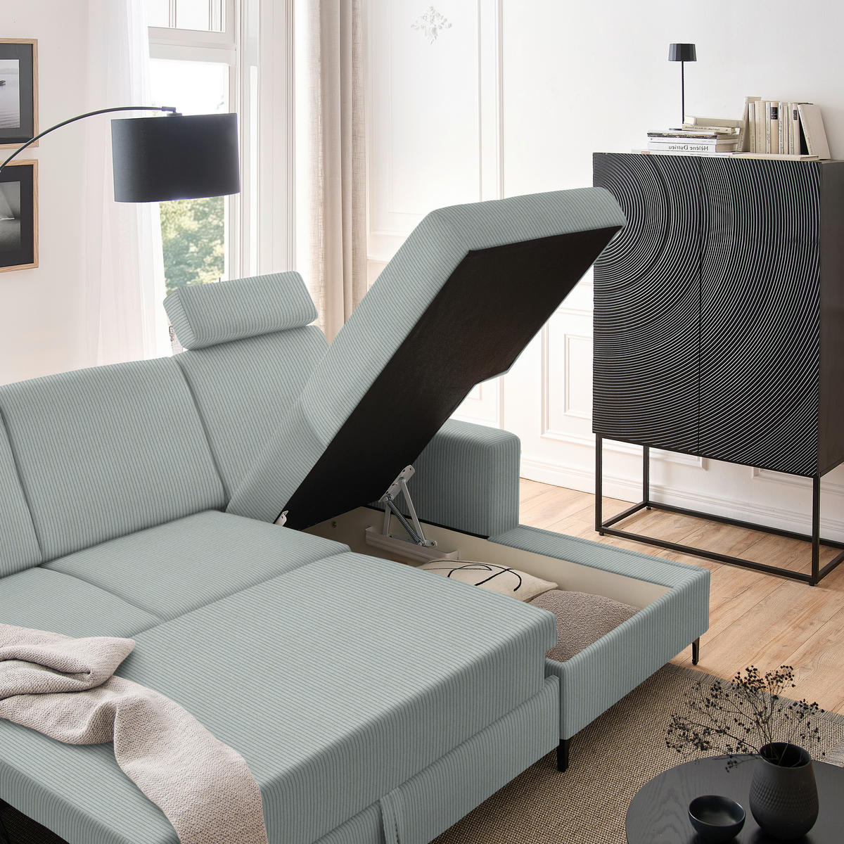 ECKSOFA in Cord Hellgrau  - Hellgrau/Schwarz, Konventionell, Textil/Metall (247/167cm) - Stylife