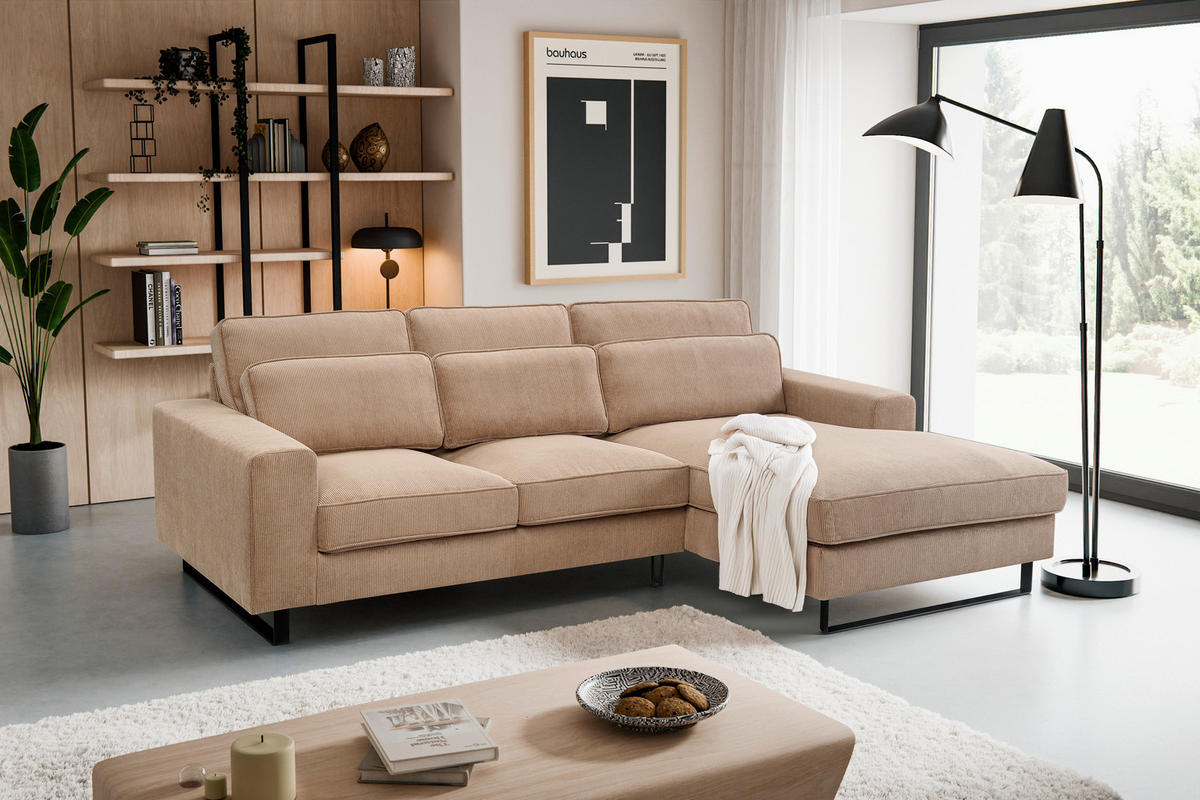 ECKSOFA BOLIVIA in Cord Beige  276/183 cm  - Beige/Schwarz, Basics, Holzwerkstoff/Textil (276/183cm) - MID.YOU
