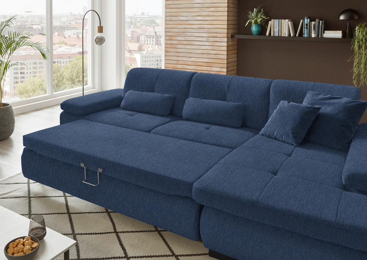 ECKSOFA in Flachgewebe Dunkelblau  - Schwarz/Dunkelblau, Design, Textil/Metall (297/174cm) - Beldomo Style