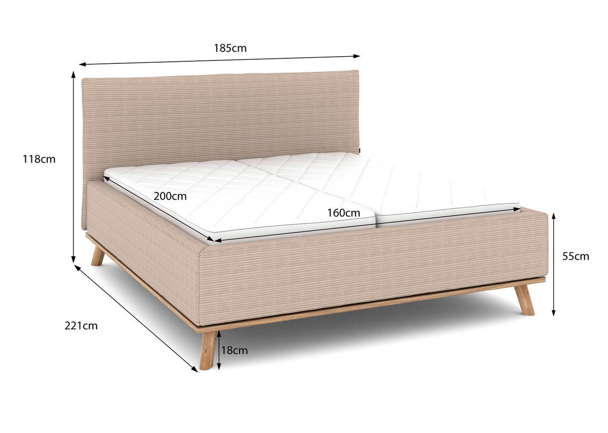 POLSTERBETT Matratze, Lattenrost, Bettkasten 160/200 cm  in Taupe  - Taupe/Eichefarben, Design, Holz/Textil (160/200cm) - Musterring