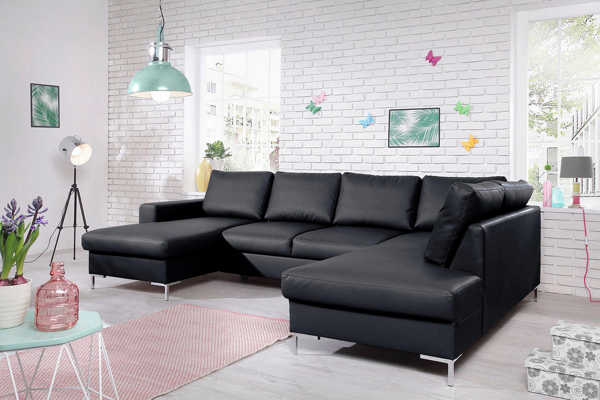 WOHNLANDSCHAFT in Lederlook Schwarz  - Silberfarben/Schwarz, Design, Leder/Metall (148/303/197cm) - MID.YOU