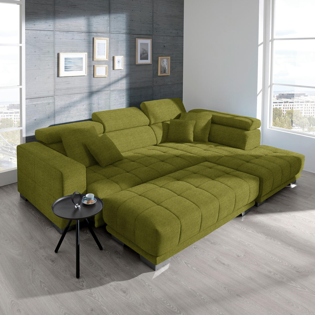 ECKSOFA in Mikrofaser Hellgrün  - Chromfarben/Hellgrün, Design, Textil/Metall (301/207cm) - Xora