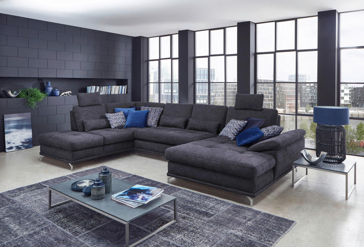 WOHNLANDSCHAFT in Flachgewebe Dunkelblau  - Silberfarben/Dunkelblau, Konventionell, Textil/Metall (223/363/176cm) - Sit & More