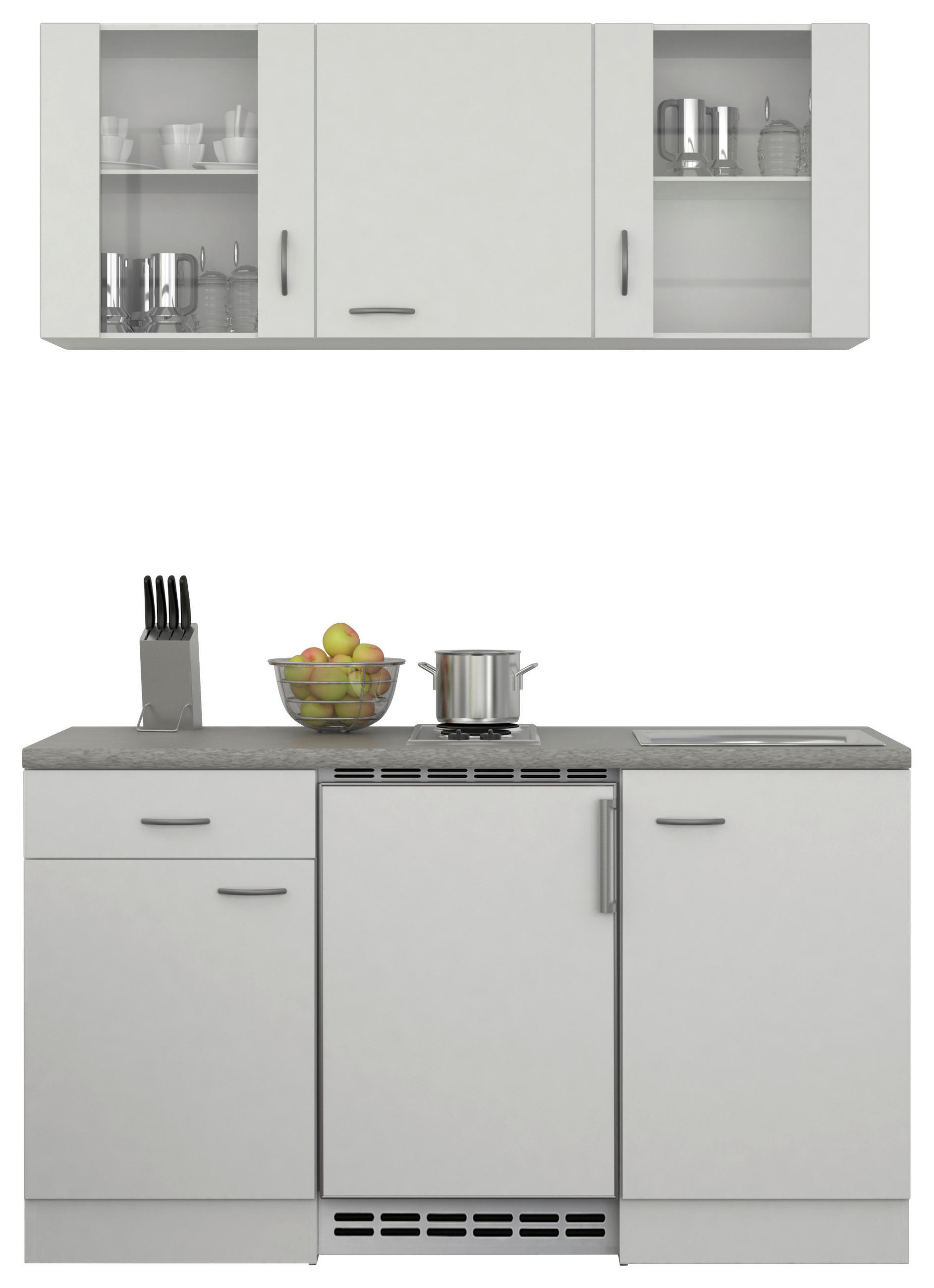 MINIKÜCHE 150,5 cm   in Weiß  - Edelstahlfarben/Hellgrau, MODERN, Glas/Holzwerkstoff (150,5cm) - FlexWell