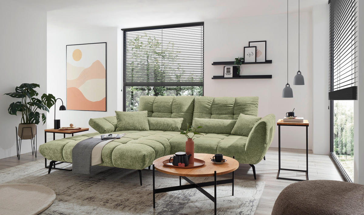 ECKSOFA Hellgrün Flachgewebe Rücken echt, Sitztiefenverstellung  - Schwarz/Hellgrün, KONVENTIONELL, Textil/Metall (211/273cm) - SetOne by Musterring