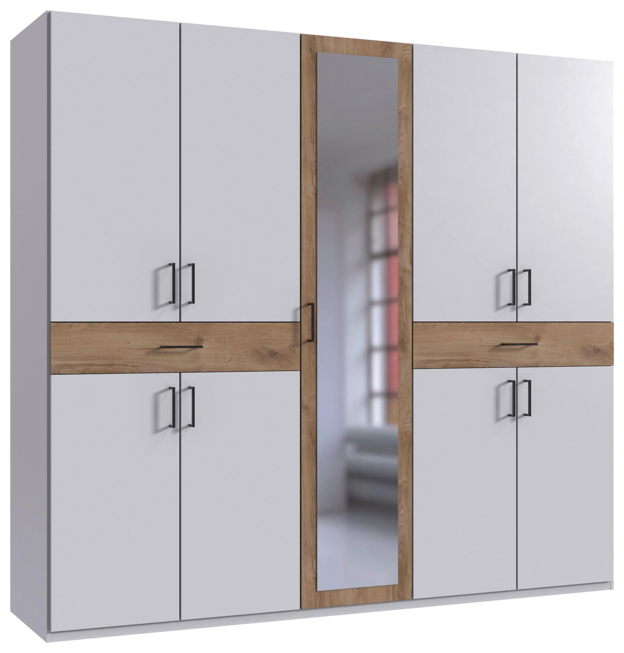 DREHTÜRENSCHRANK Weiss, Plankeneiche  - Weiss/Plankeneiche, Konventionell, Glas/Holzwerkstoff (225/208/58cm) - Carryhome