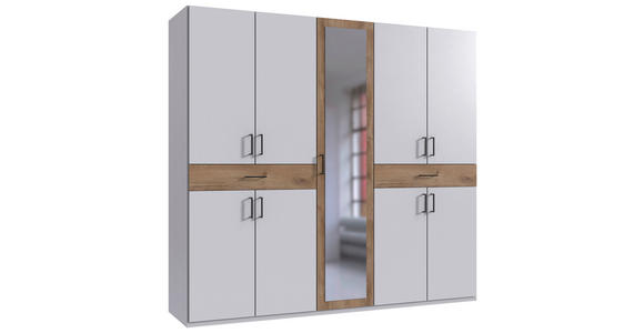 DREHTÜRENSCHRANK  in Weiß, Plankeneiche  - Plankeneiche/Schwarz, KONVENTIONELL, Glas/Holzwerkstoff (225/208/58cm) - Carryhome