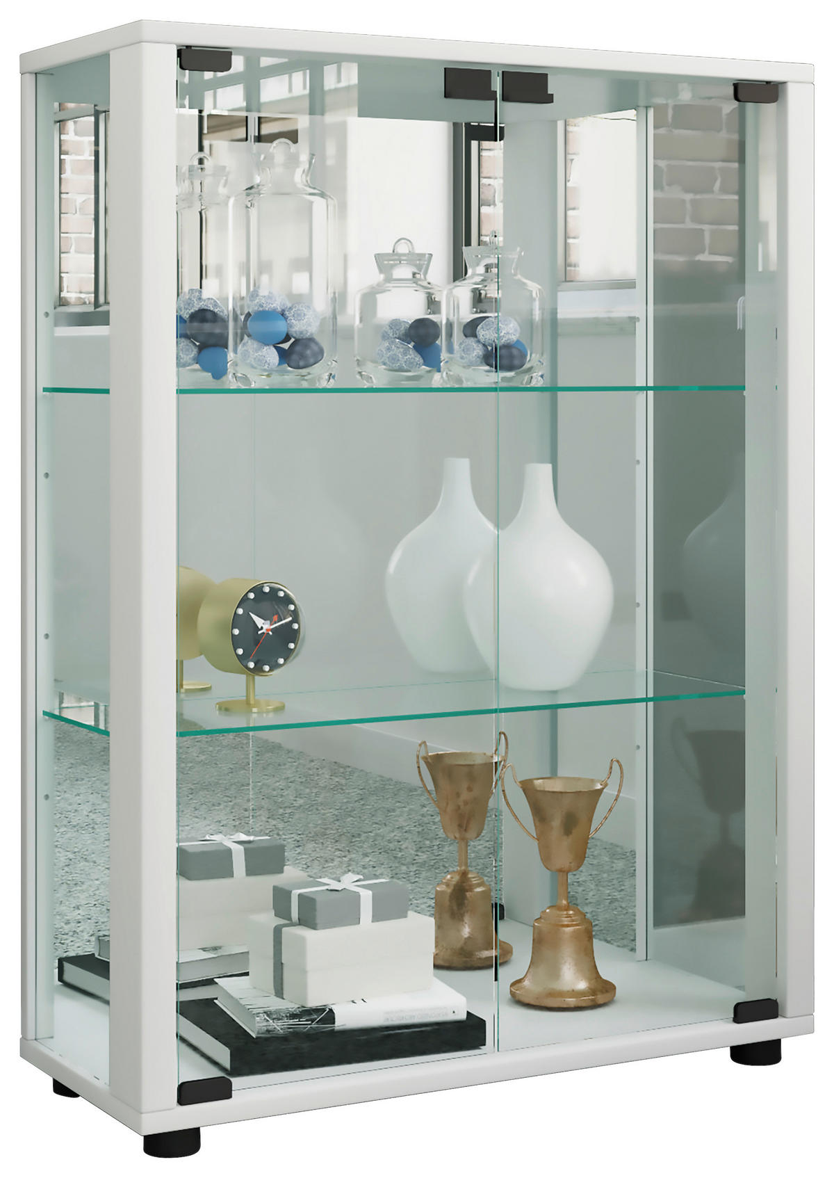 VITRINE in Weiss  - Weiss/Schwarz, Modern, Glas/Holzwerkstoff (60/80/25cm) - MID.YOU