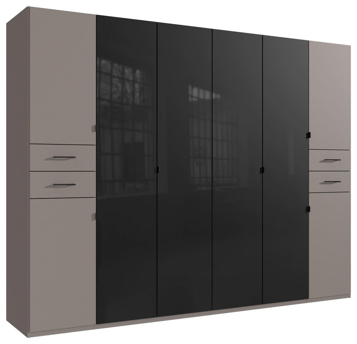 KLEIDERSCHRANK 270/208/58 cm,  in Grau, Schwarz, 8-türig  - Schwarz/Grau, KONVENTIONELL, Glas/Holzwerkstoff (270/208/58cm) - Boxxx