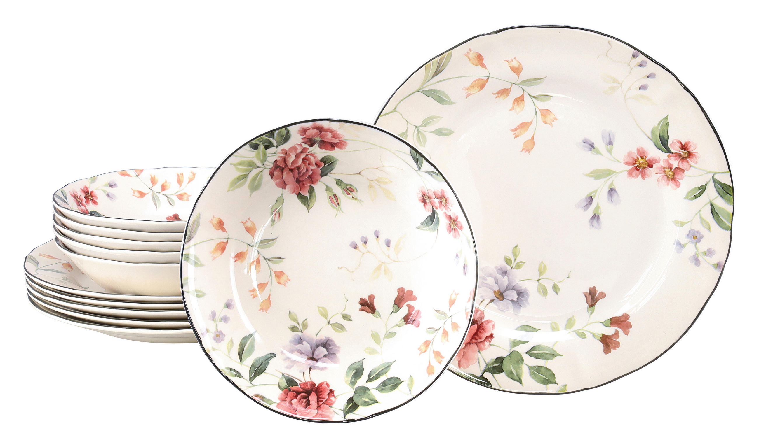 TAFELSERVICE Priscilla Bunt 12-teilig  - Waldgrün/Mauve, Trend, Keramik - Creatable