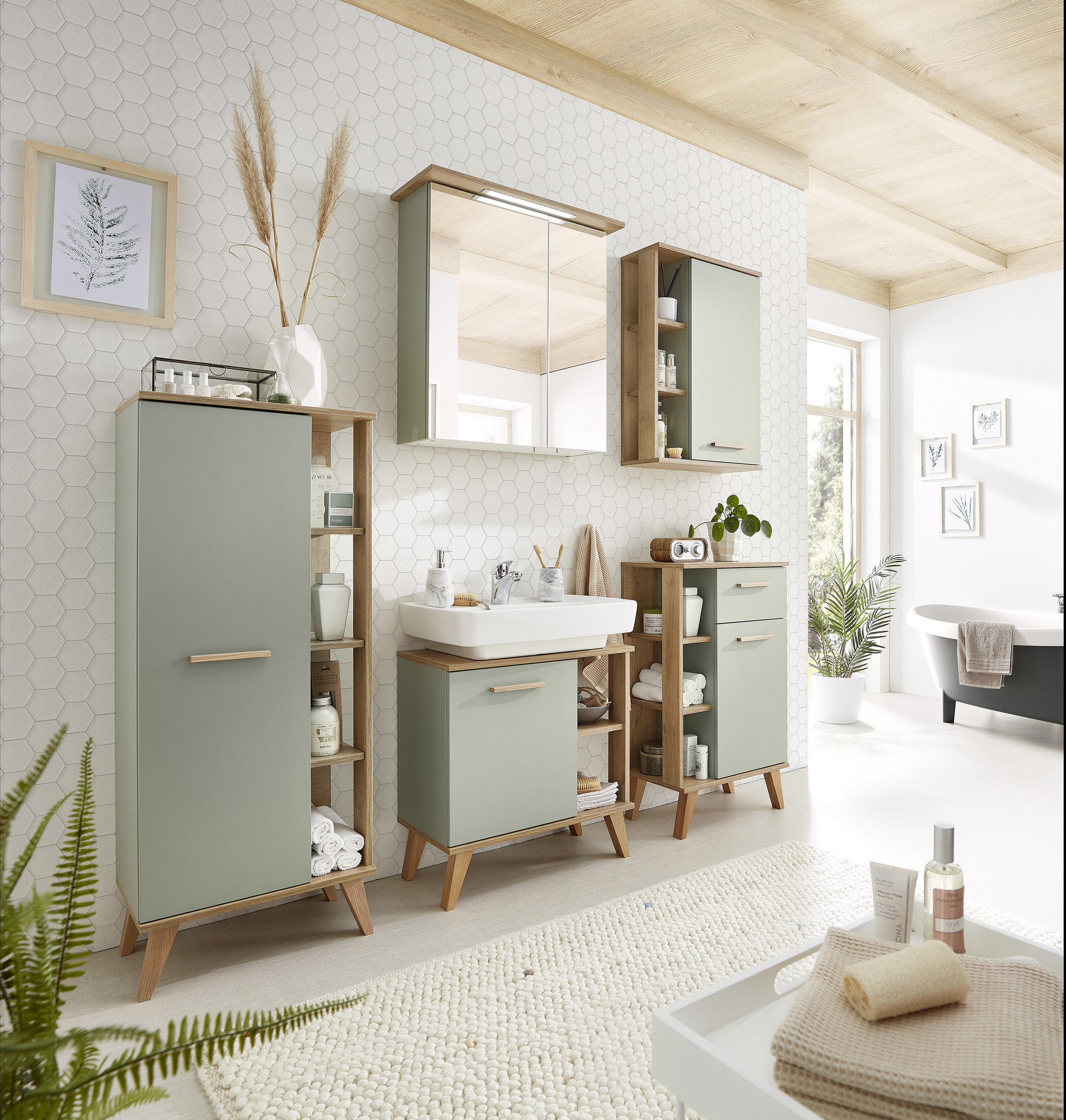WASCHBECKENUNTERSCHRANK 60,5/65/33 cm  - Eichefarben/Pastellgrün, Design, Holzwerkstoff (60,5/65/33cm) - Xora