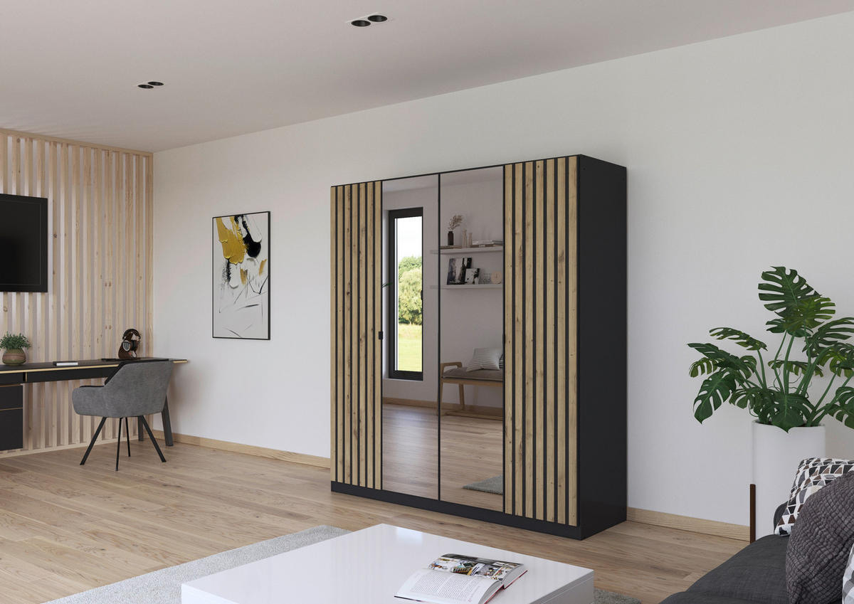 DREHTÜRENSCHRANK 181/197/56 cm,  in Grau, Eiche Artisan, 4-türig  - Eiche Artisan/Grau, MODERN, Holzwerkstoff/Metall (181/197/56cm) - Rauch Möbel