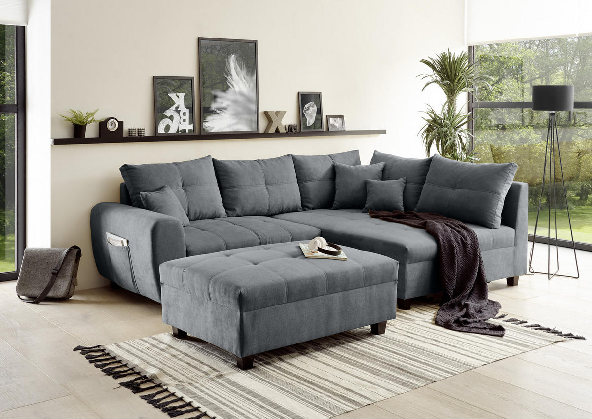 ECKSOFA inkl. Hocker in Mikrovelours Anthrazit  - Anthrazit/Schwarz, Basics, Holzwerkstoff/Kunststoff (248/176cm) - MID.YOU