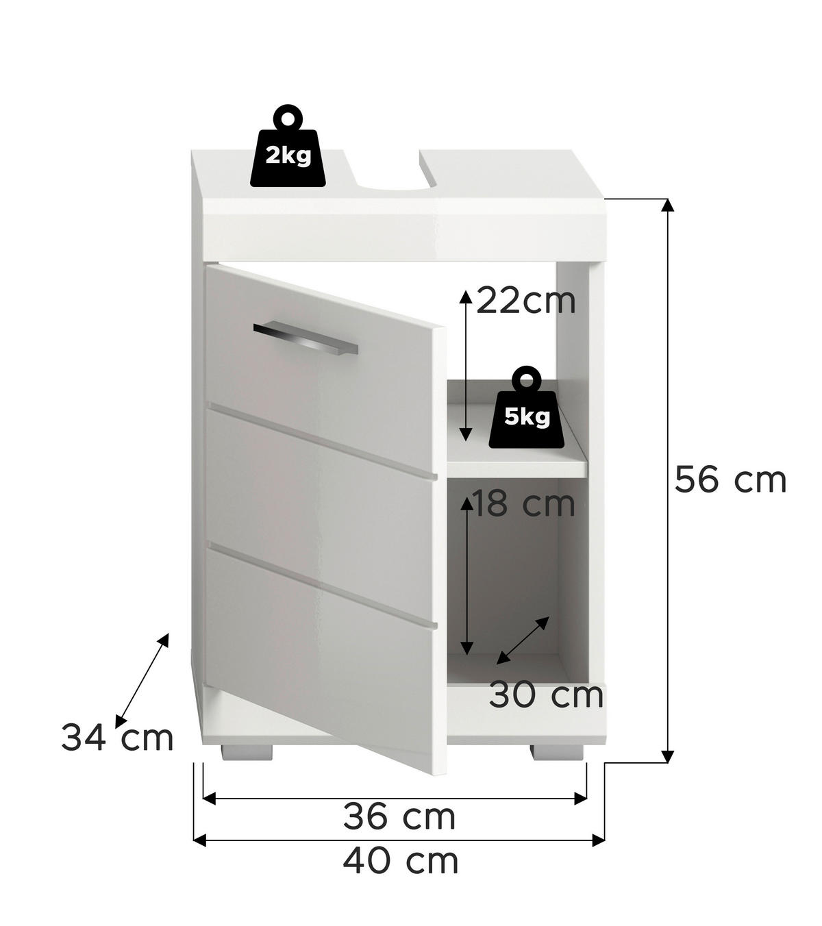 WASCHBECKENUNTERSCHRANK 40/56/34 cm  - Weiß Hochglanz/Silberfarben, Trend, Holzwerkstoff/Kunststoff (40/56/34cm) - MID.YOU
