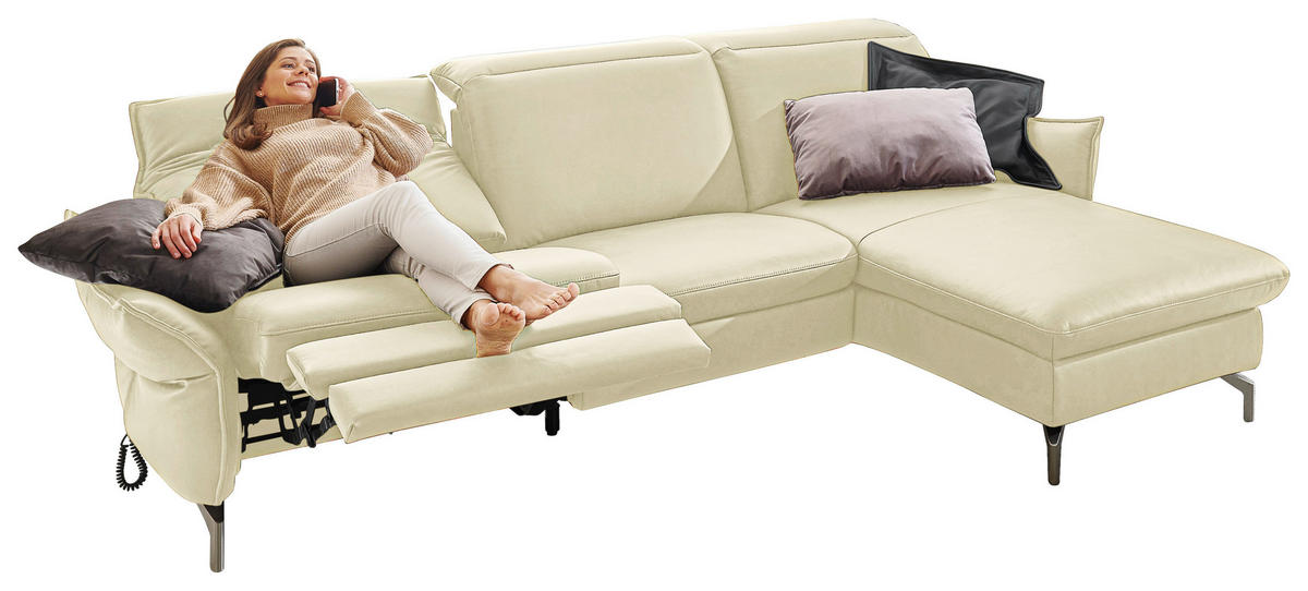 ECKSOFA in Echtleder Creme  - Creme/Nickelfarben, Modern, Leder/Metall (233/179cm) - Livetastic