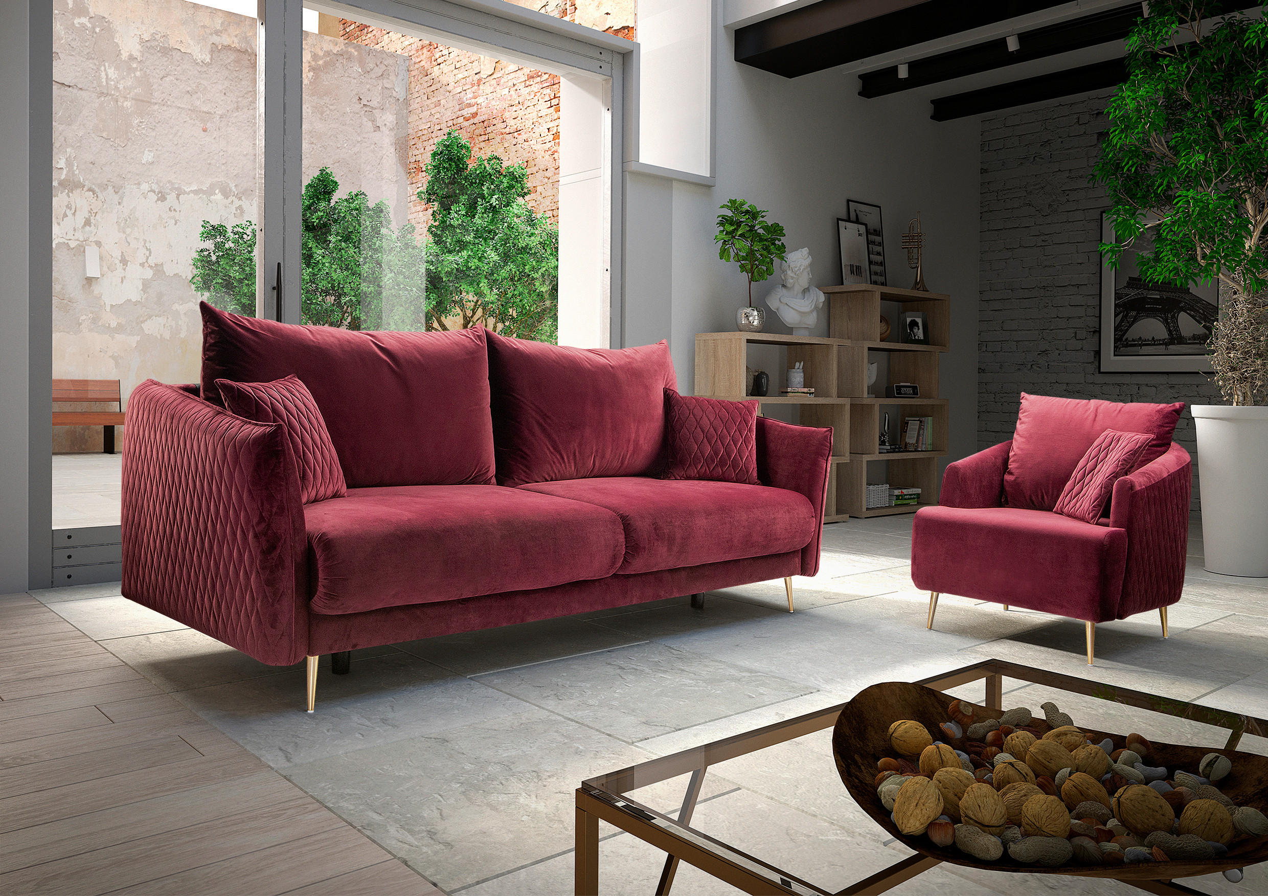 SCHLAFSOFA Samt Weinrot  - Weinrot/Goldfarben, Design, Textil/Metall (235/96/104cm) - MID.YOU