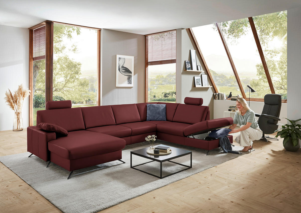 WOHNLANDSCHAFT in Echtleder Brombeere  - Brombeere/Schwarz, Design, Leder/Metall (165/339/233cm) - Beldomo Premium