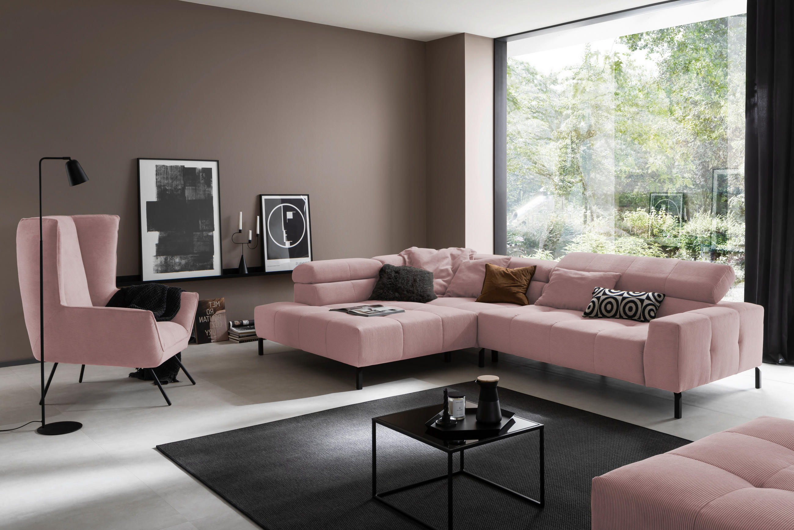 ECKSOFA in Feincord Altrosa  - Schwarz/Altrosa, Konventionell, Textil/Metall (219/311cm) - Hom`in