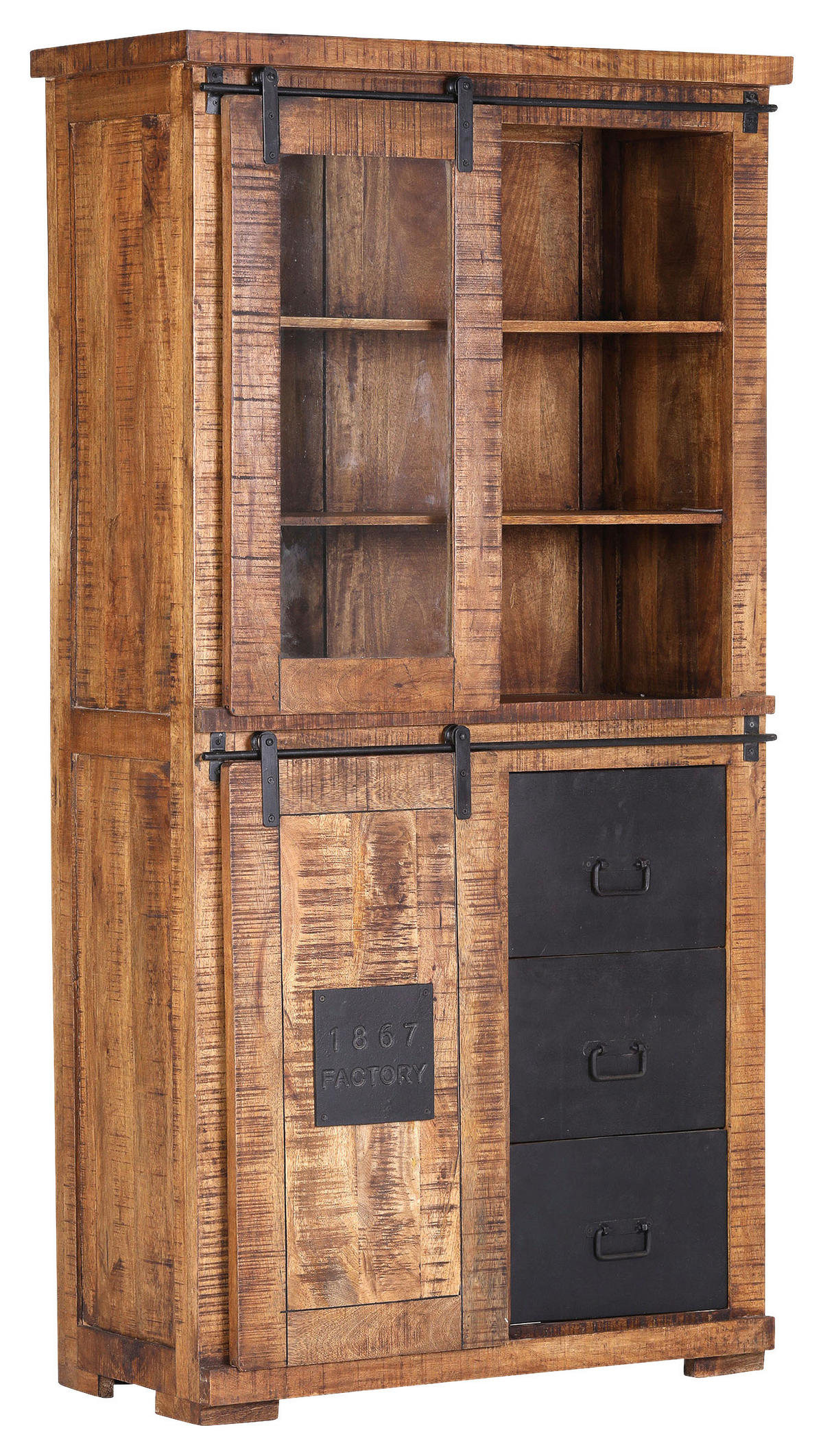 VITRINE in massiv Mangoholz Naturfarben, Schwarz  - Schwarz/Naturfarben, LIFESTYLE, Glas/Holz (100/190/45cm) - Landscape