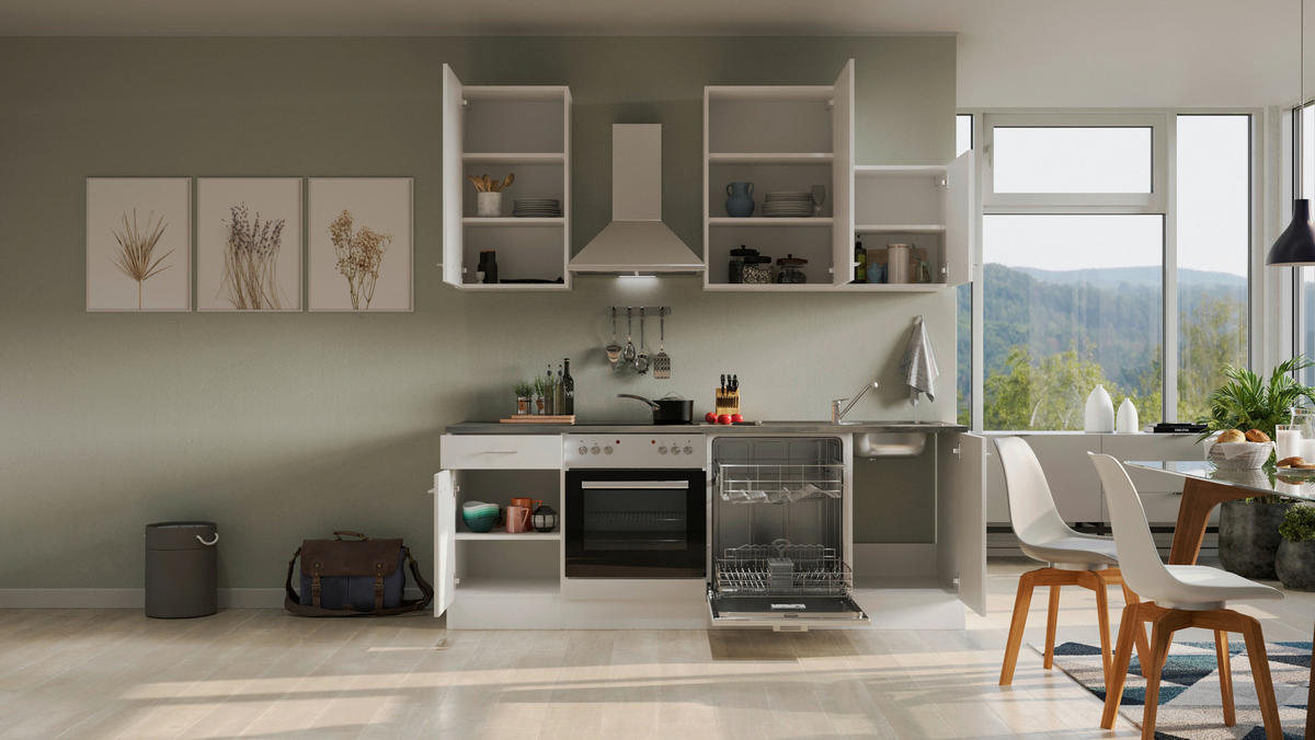 KÜCHENBLOCK 220 cm   in Weiß  - Graubraun/Alufarben, MODERN, Holzwerkstoff/Kunststoff (220cm) - FlexWell