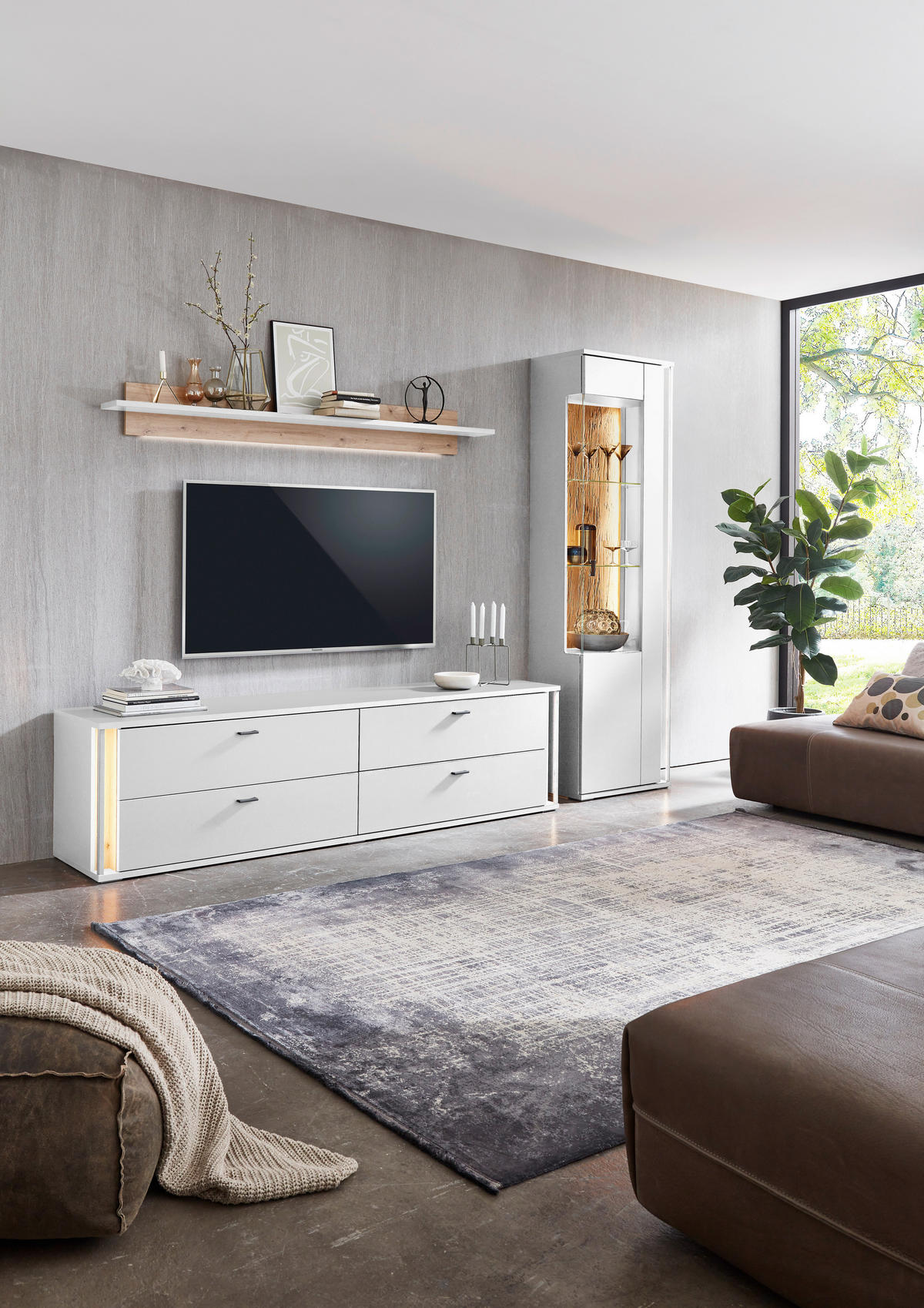 WOHNWAND  in Weiß, Eiche Artisan  275/207,5/44,2 cm  - Dunkelgrau/Weiß, Design, Glas/Holzwerkstoff (275/207,5/44,2cm) - Stylife