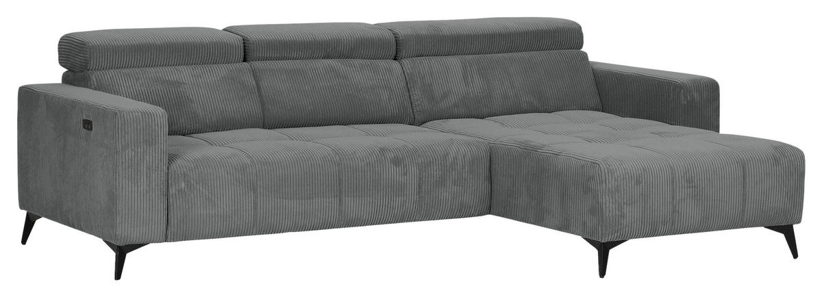 ECKSOFA Dunkelgrau Cord Rücken echt, Kopfteilverstellung, Sitzvorzug  - Dunkelgrau/Schwarz, KONVENTIONELL, Textil/Metall (257/170cm) - Carryhome