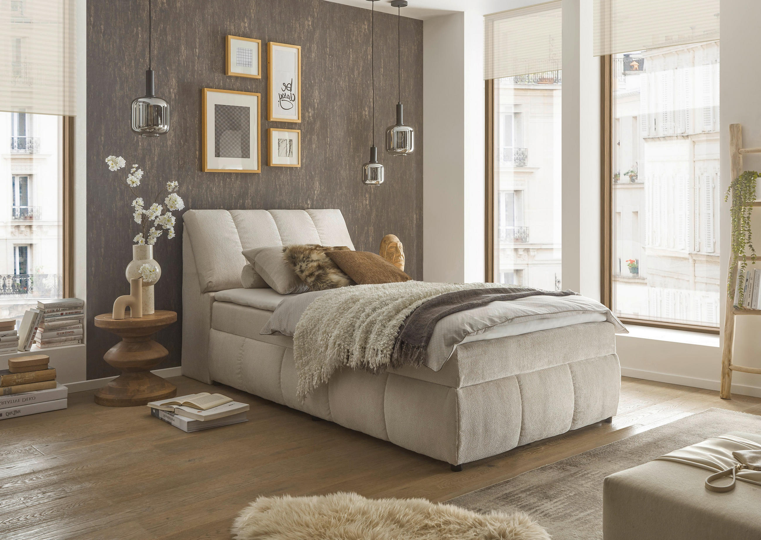 BOXBETT 120/200 cm,  in Beige, gepolstertes Kopfteil, Bettkasten, Topper,  - Beige/Schwarz, MODERN, Holzwerkstoff/Kunststoff (120/200cm) - MID.YOU