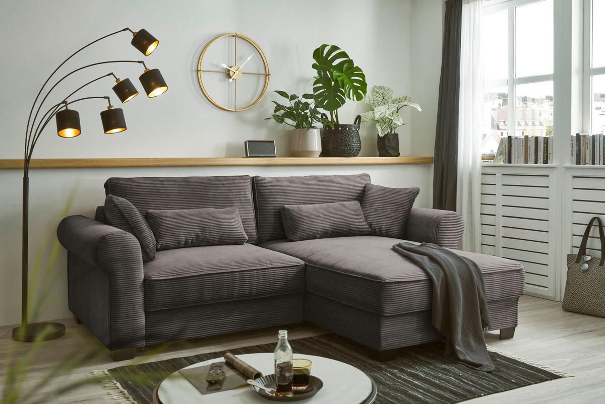 ECKSOFA in Cord Mokka  - Schwarz/Mokka, Basics, Kunststoff/Textil (255/92/185cm) - MID.YOU