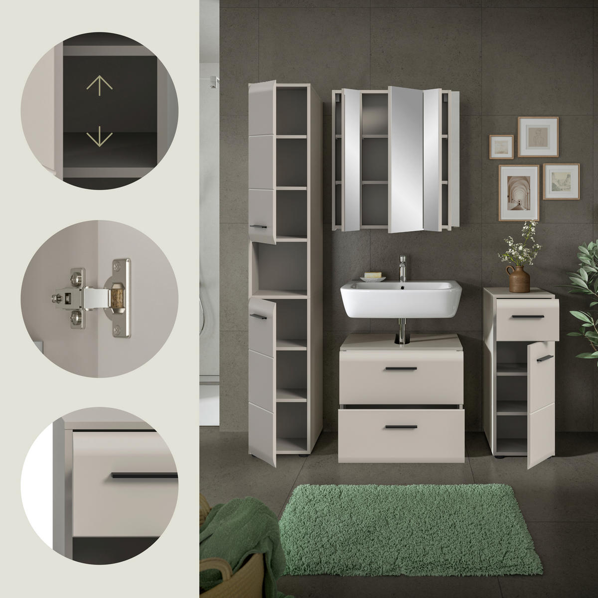 BADEZIMMER 4-teilig  in 120 cm  - Kaschmir/Schwarz, Trend, Glas/Holzwerkstoff (120cm) - MID.YOU