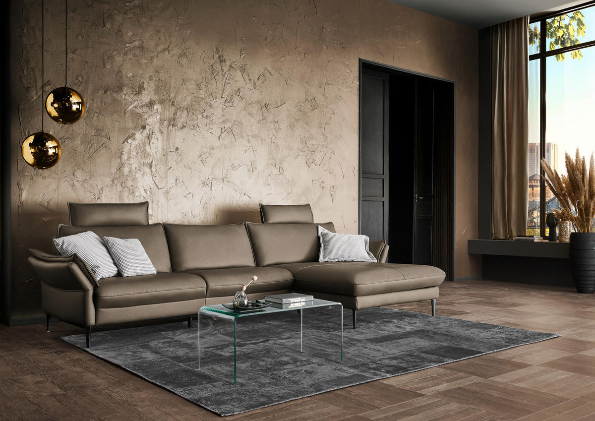 ECKSOFA in Echtleder Taupe  - Taupe/Schwarz, Design, Leder/Metall (334/172cm) - Hukla