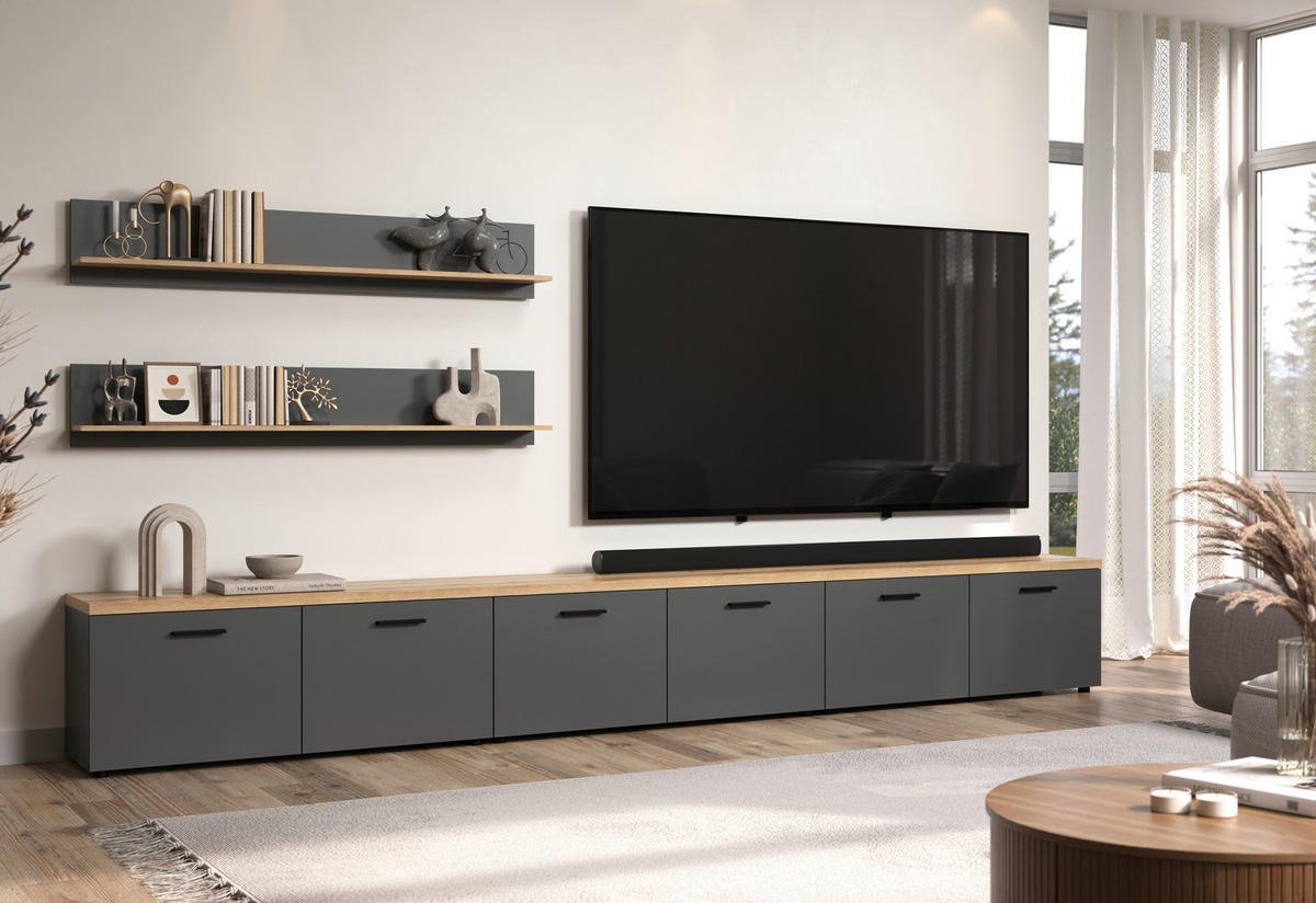 WOHNWAND 5-teilig  in Anthrazit, Eichefarben  360/180/40 cm  - Eichefarben/Anthrazit, Design, Holzwerkstoff/Kunststoff (360/180/40cm) - MID.YOU