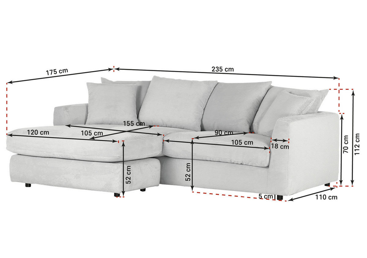 ECKSOFA Naturfarben Cord  - Schwarz/Naturfarben, Design, Kunststoff/Textil (235/175cm) - home24