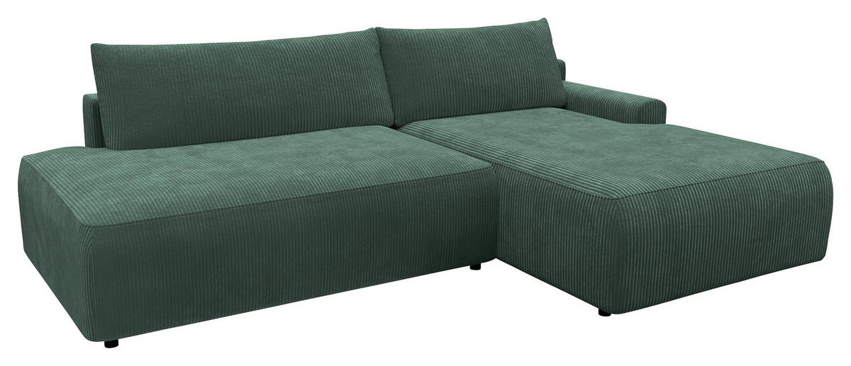 ECKSCHLAFSOFA  mit Schlafen auf Sitzhöhe, Rücken echt, Armteil rechts Cord Dunkelgrün  - Dunkelgrün/Schwarz, MODERN, Kunststoff/Textil (253/167cm) - Trendmanufaktur