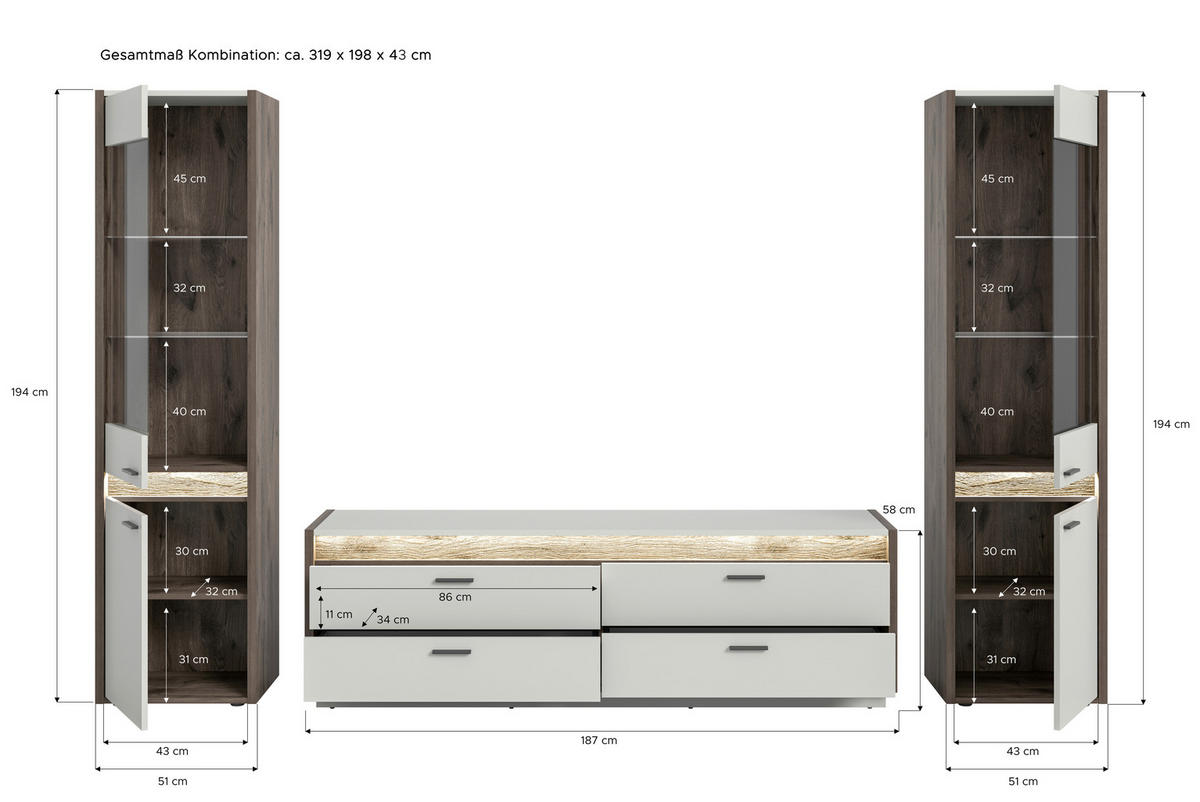 WOHNWAND 3-teilig  in Hellgrau  319/198/43 cm  - Hellgrau, Design, Glas/Holzwerkstoff (319/198/43cm) - MID.YOU