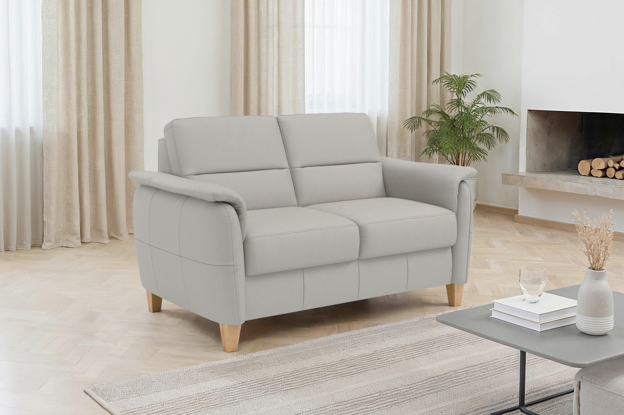 2-SITZER-SOFA PALMERA E Hellgrau Echtleder  - Eichefarben/Hellgrau, Basics, Leder/Holz (149/89/89cm) - Sit & More