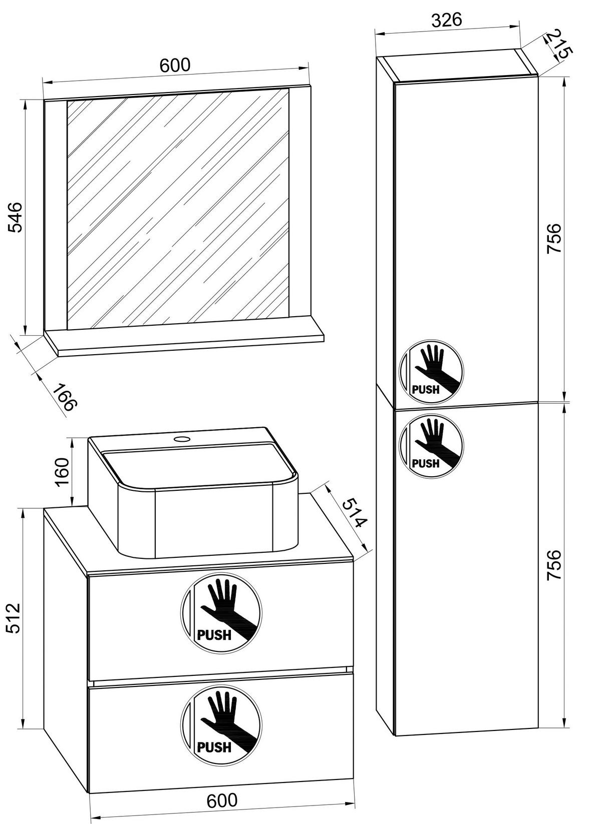 BADEZIMMER 4-teilig  in 94 cm  - Honigeiche/Schwarz, MODERN, Glas/Keramik (94cm) - MID.YOU