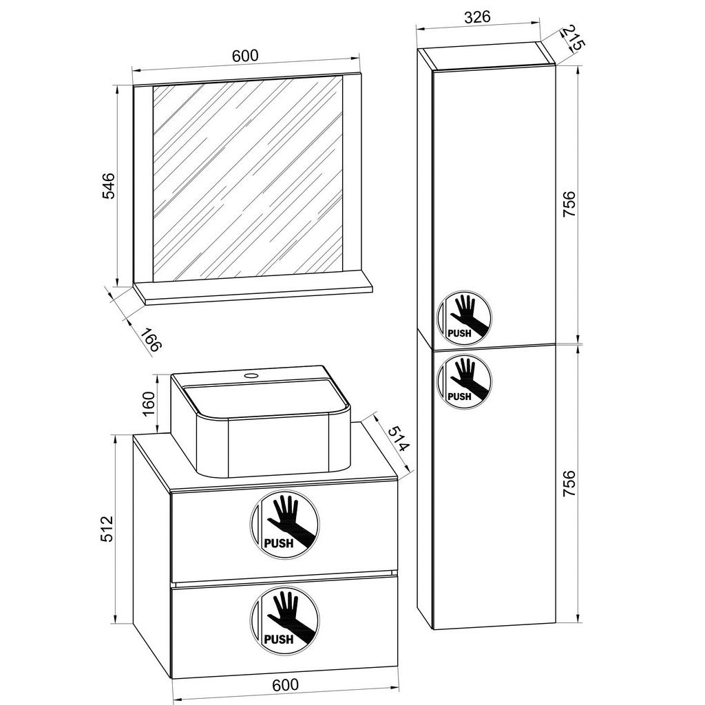 Thumbnail - Mid.you Badezimmer Lendas BL L, Honigeiche, Glas, Keramik, Holzwerkstoff, 4-teilig, 2 Fächer, 2,2 Schubladen, 94 cm, hän...