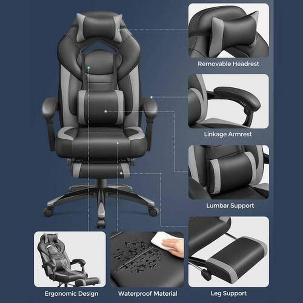 GAMINGSTUHL Grau, Schwarz Textil   - Schwarz/Grau, Basics, Kunststoff/Textil (70/128/64cm) - Boxxx