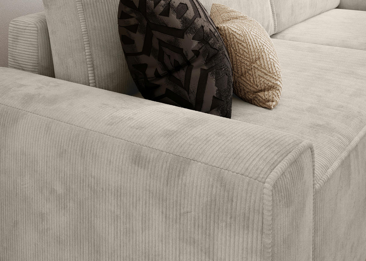 ECKSCHLAFSOFA CHALLANGE  mit Schlafen auf Sitzhöhe, Rücken echt, Armteil links, Armteil rechts Cord Creme  - Creme/Schwarz, MODERN, Kunststoff/Textil (246/168cm) - Trendmanufaktur