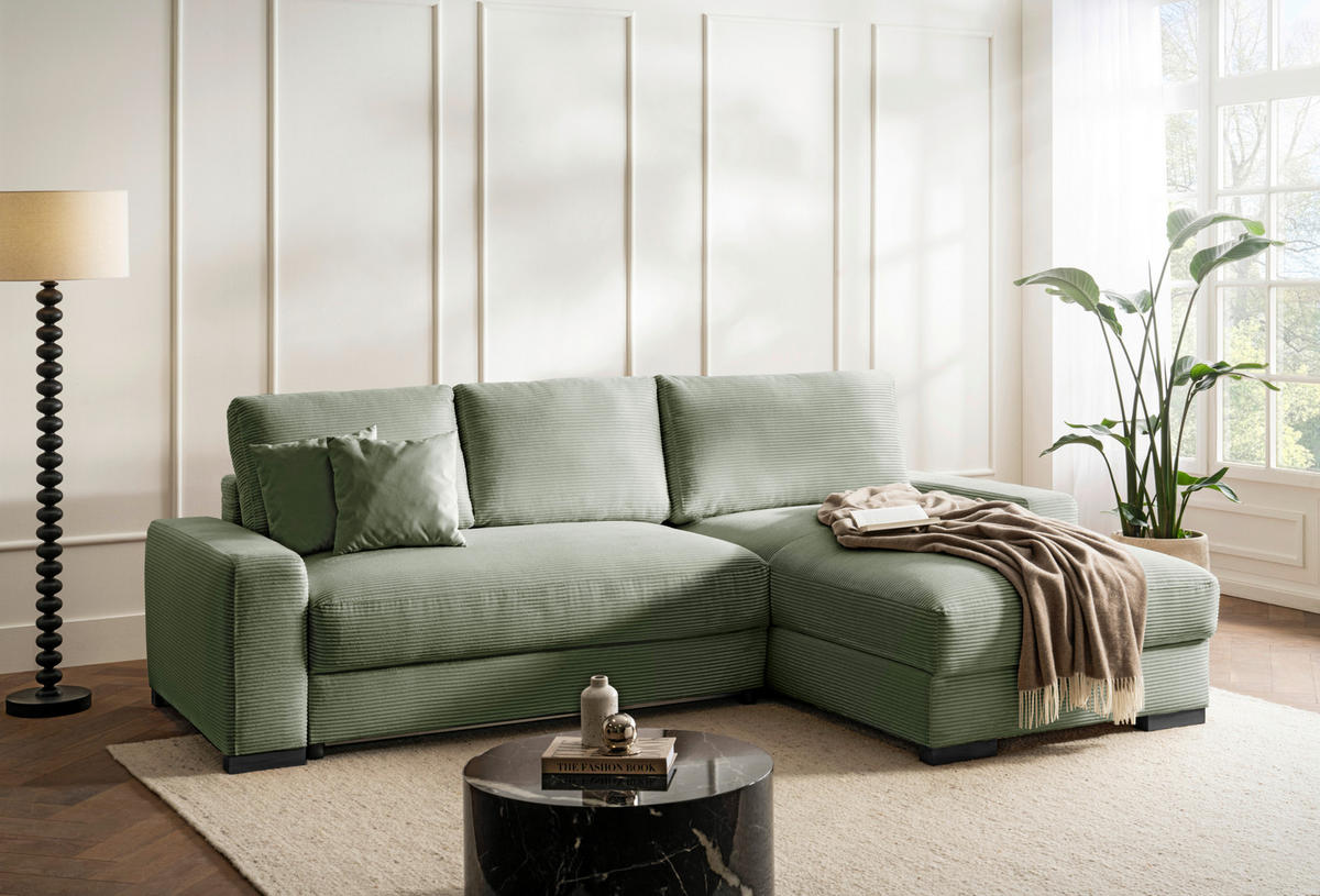ECKSCHLAFSOFA Cord Mintgrün  inkl. Zierkissen, Rückenkissen, Schlaffunktion, Topper, Stauraum, Liegefläche im Originalstoff  - Schwarz/Mintgrün, Design, Holz/Textil (264/184cm) - Stylife