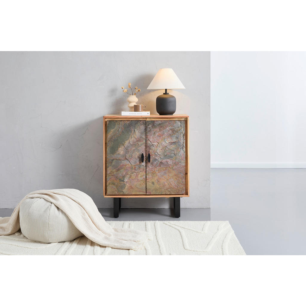 Thumbnail - Livetastic Tallinn Bissau, Grau, Natur, Metall, Akazie, massiv, Holz, 2 Fächer, 85x100x40 cm, handgemacht, Wohnzimmer, K...