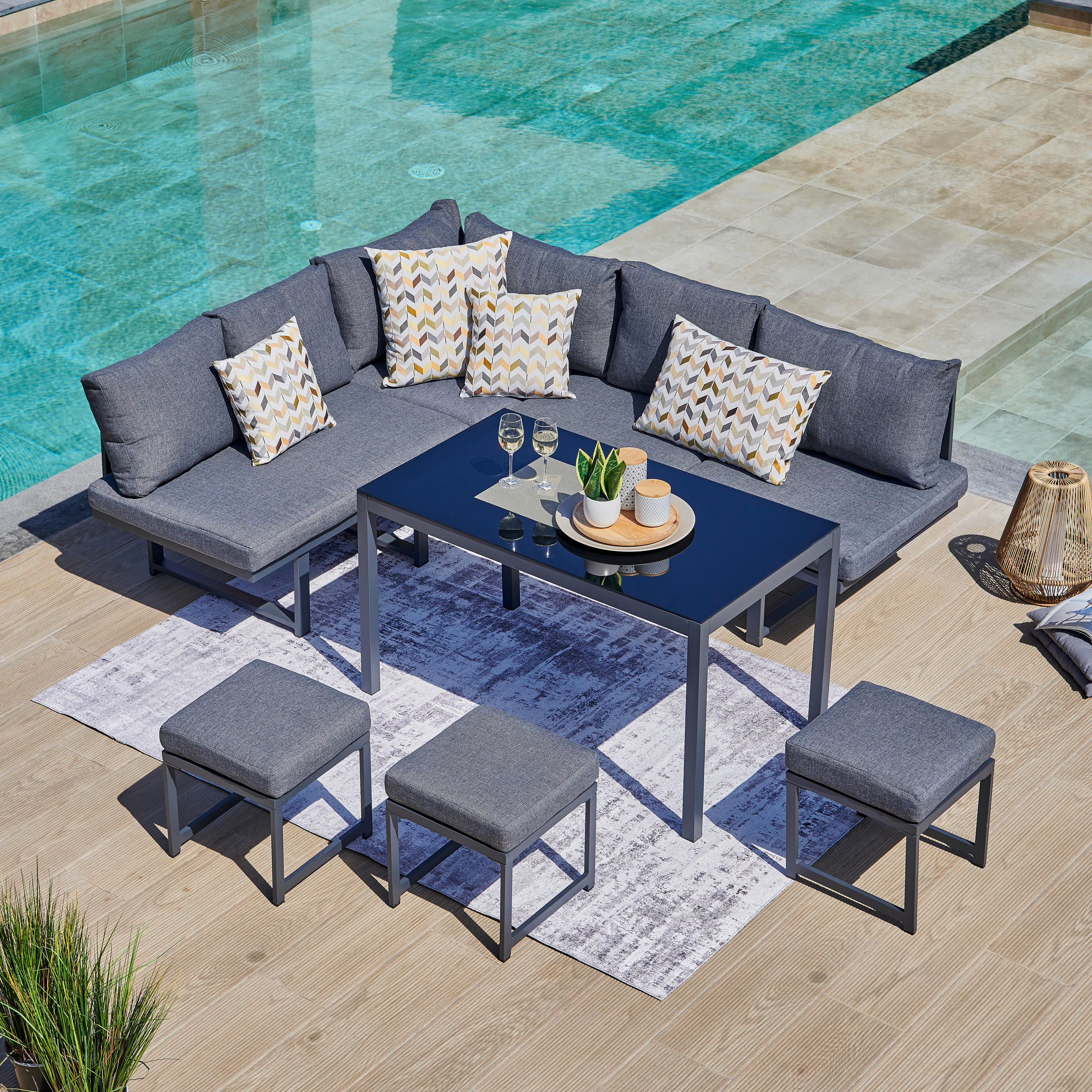 LOUNGEGARNITUR 18-teilig 179/212,5 cm - Anthrazit/Schwarz, MODERN, Glas/Textil (179/212,5cm) - Ambia Garden