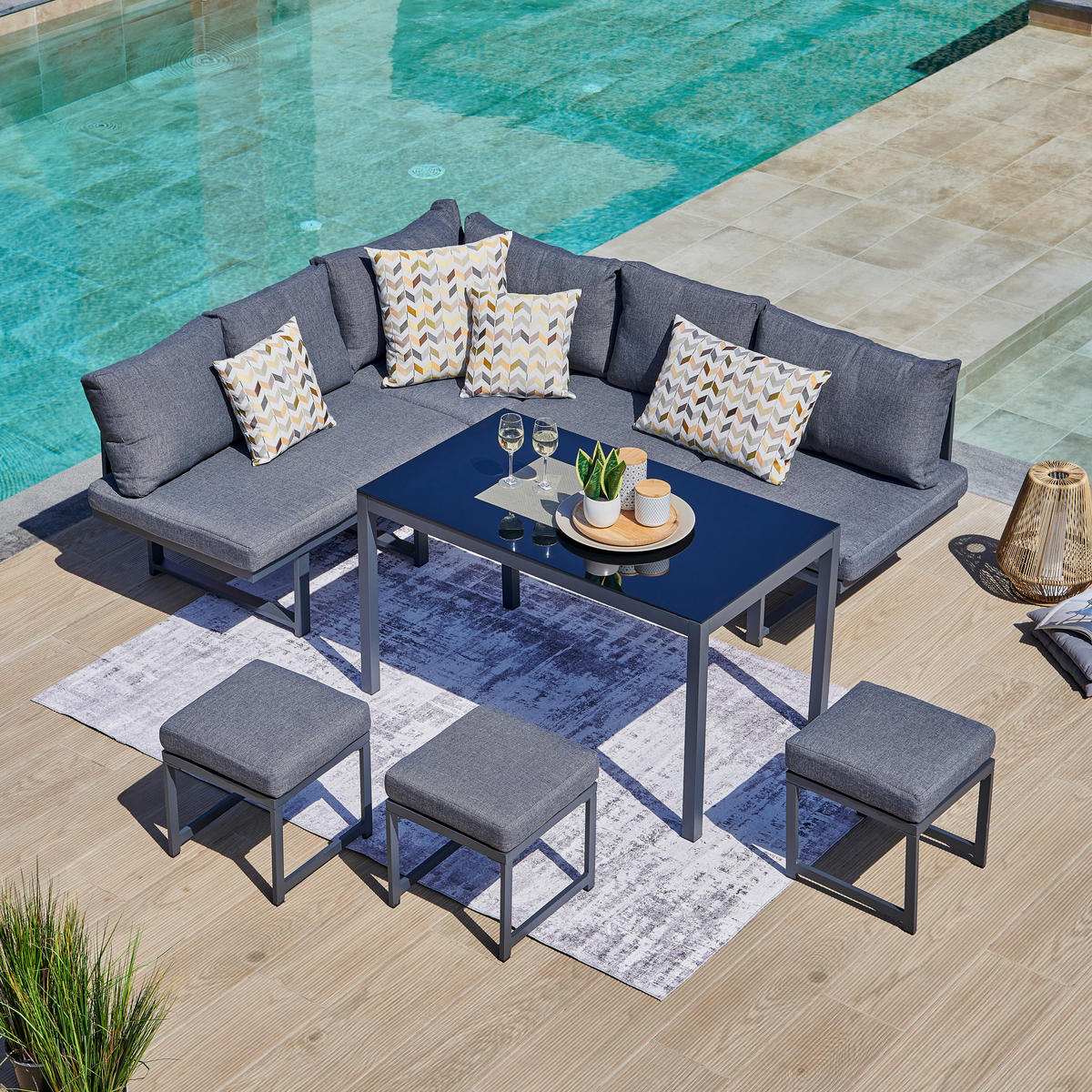 LOUNGE GARNITURA tkanina aluminij  - črna/siva, Moderno, kovina/steklo (179/212,5cm) - Ambia Garden