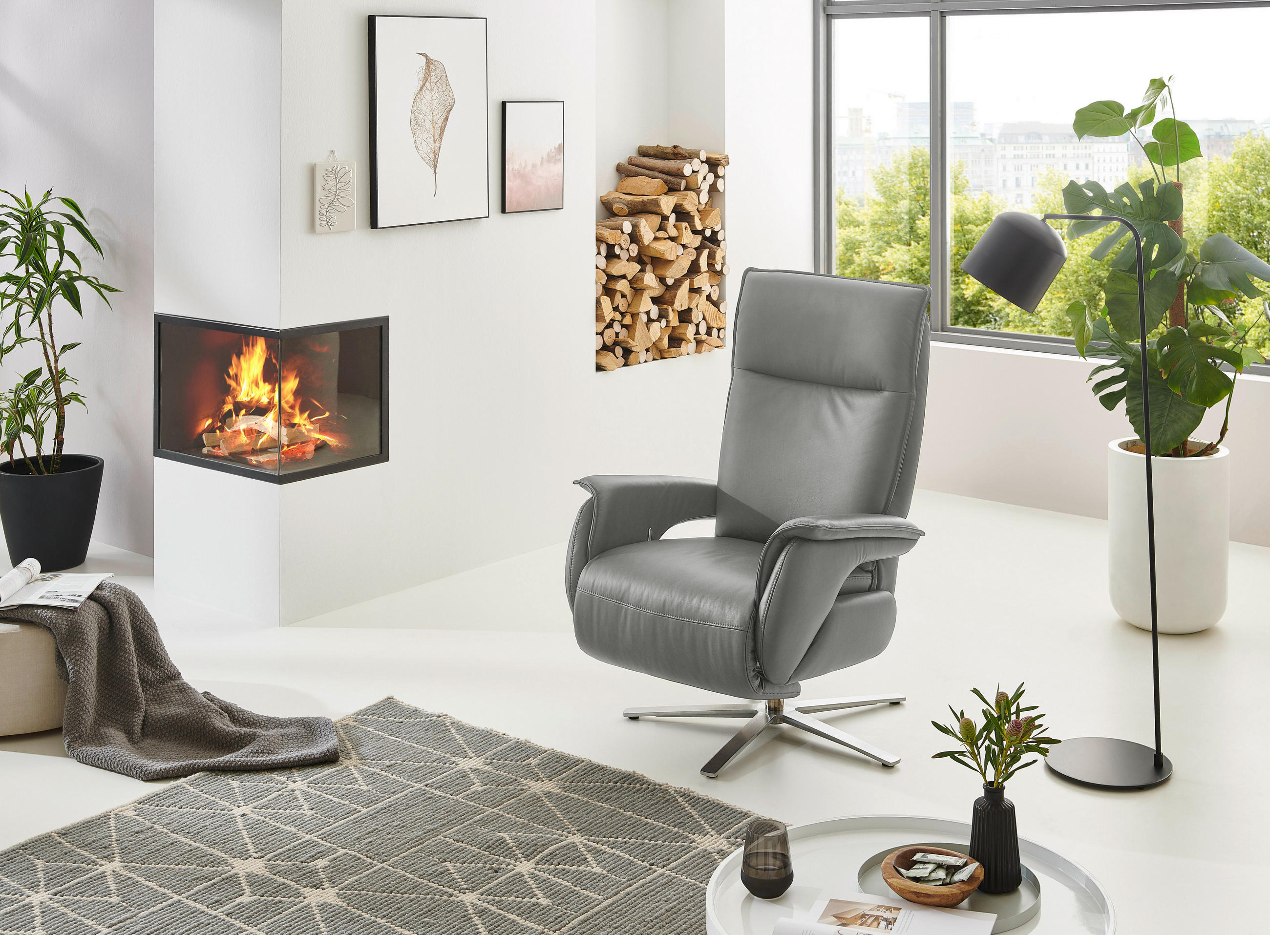 RELAXSESSEL in Leder Hellgrau - Edelstahlfarben/Hellgrau, Modern, Leder/Metall (77/116/80cm) - Livetastic
