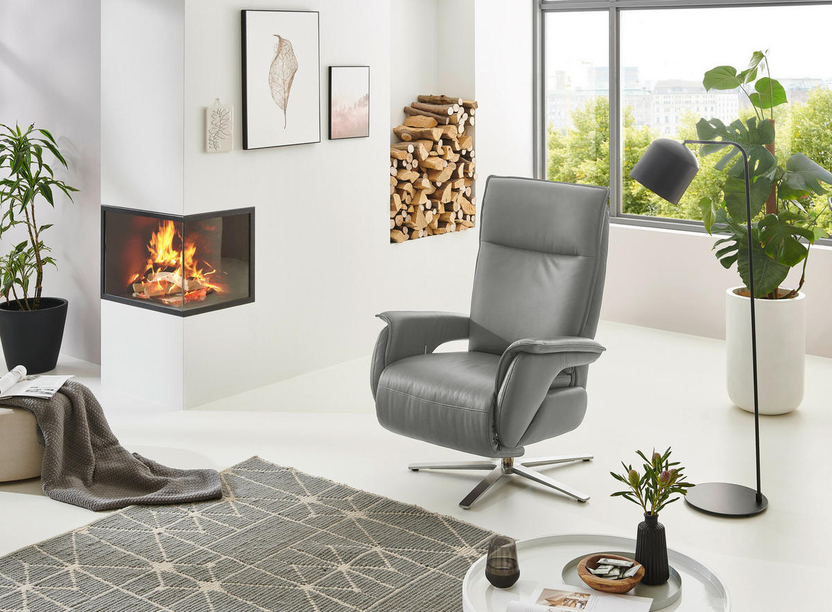 FERNSEHSESSEL in Hellgrau  - Edelstahlfarben/Hellgrau, Modern, Leder/Metall (77/116/80cm) - Livetastic