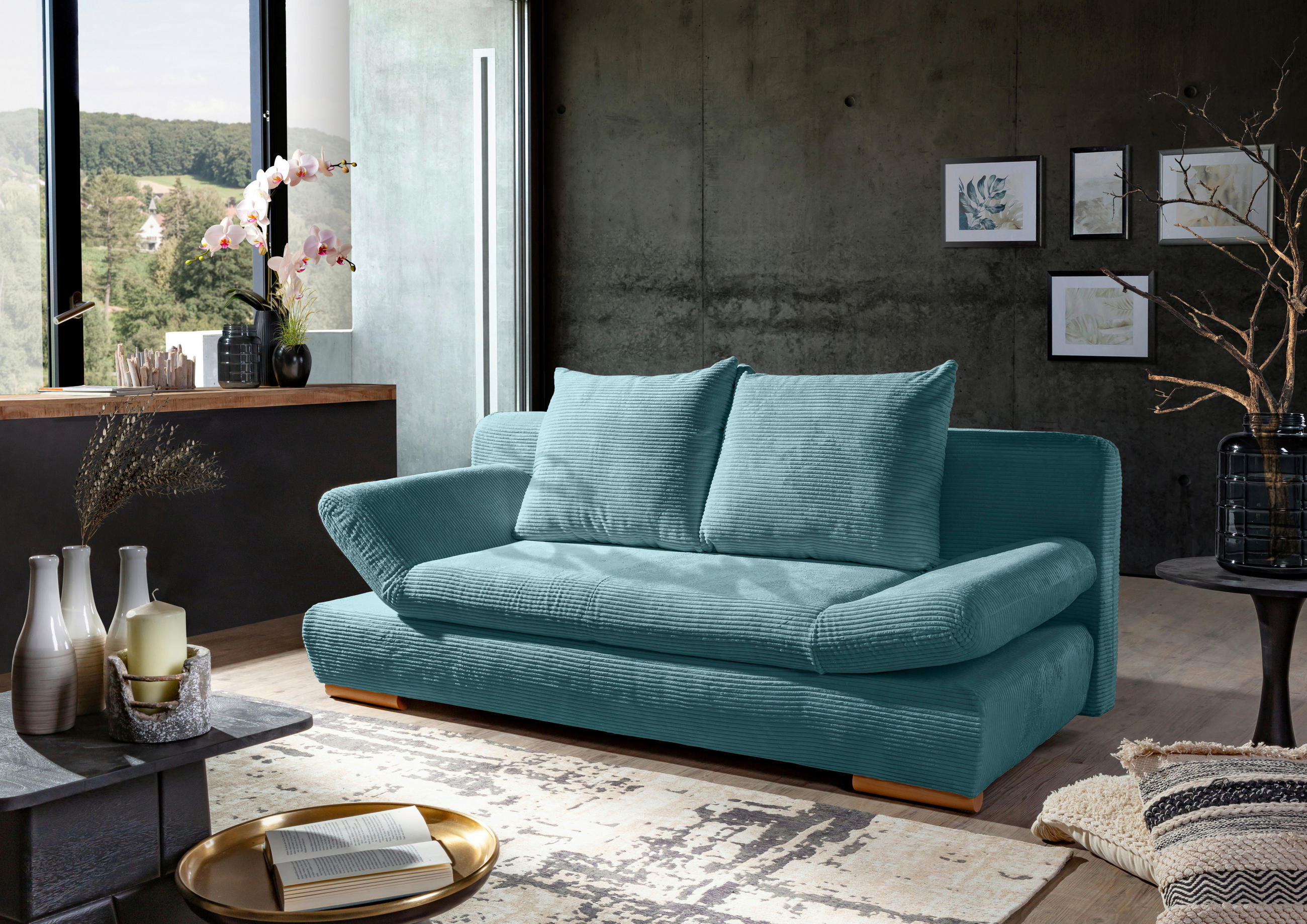 SCHLAFSOFA Cord Türkis  - Türkis/Naturfarben, KONVENTIONELL, Holz/Textil (200/75/92cm) - home24