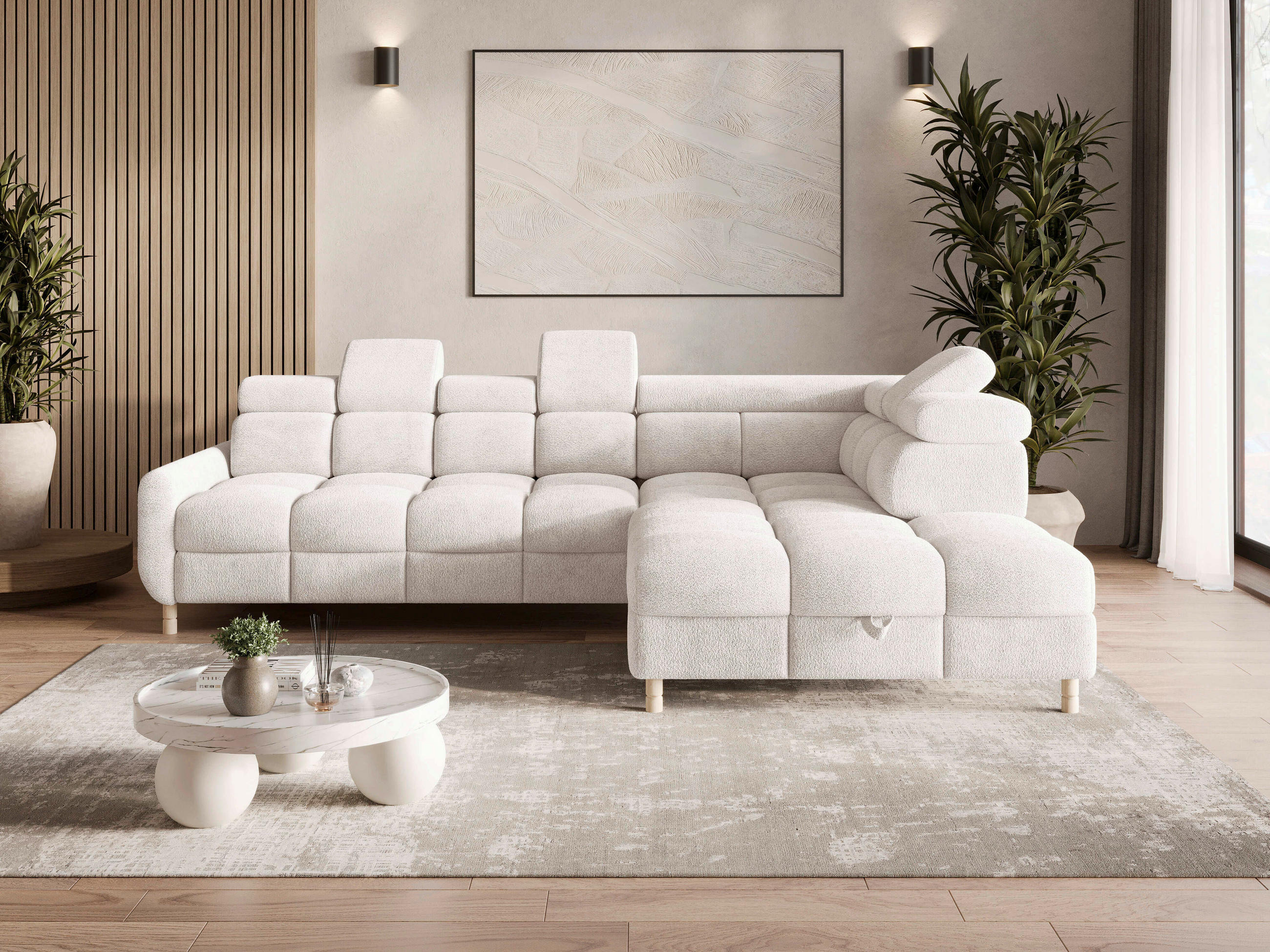 ECKSOFA BUN Weiß Bouclé Schlaffunktion, Rücken echt, Kopfteilverstellung, Stauraum, Kopfstütze  - Elfenbein/Weiß, Design, Holz/Textil (276/209cm) - MID.YOU