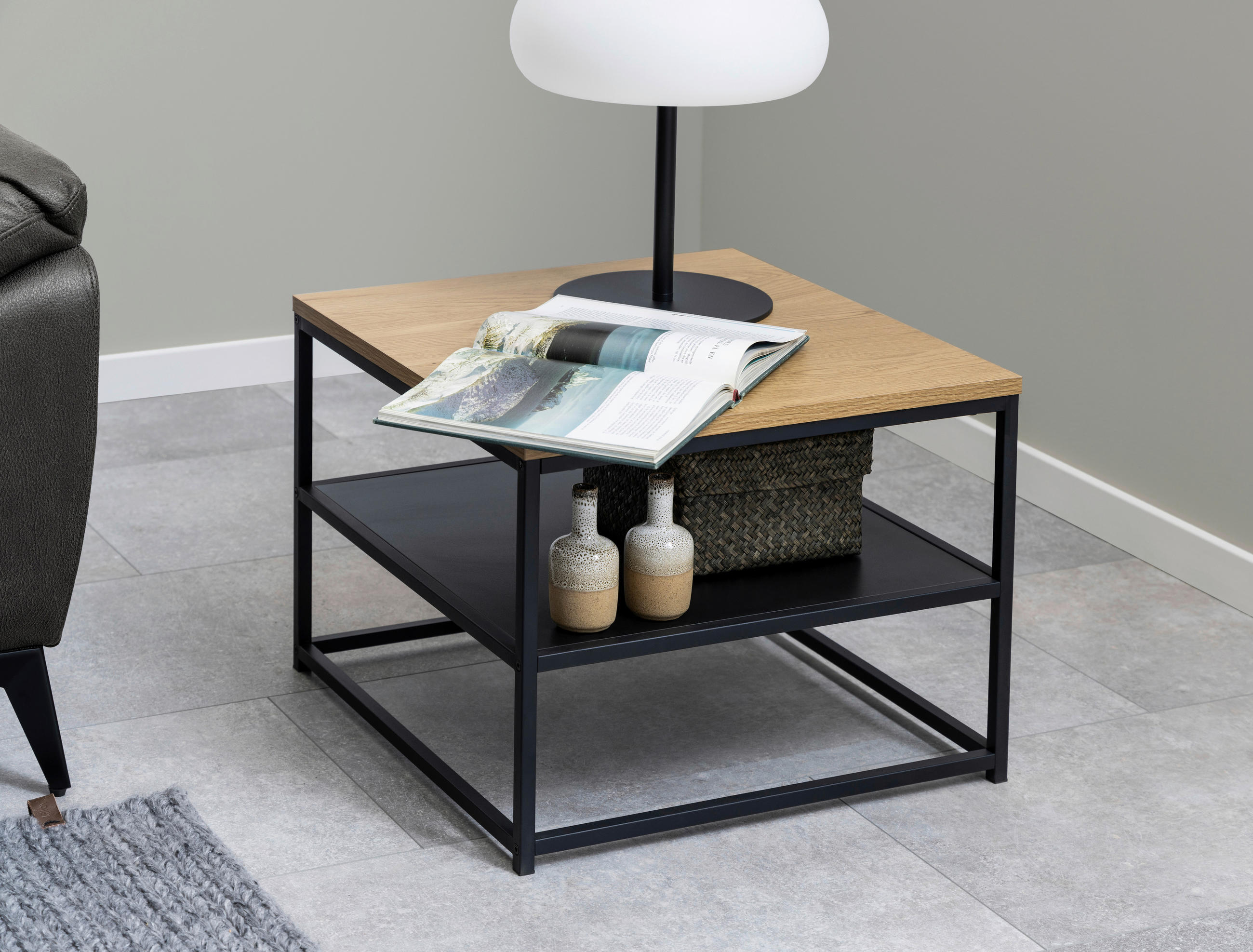 COUCHTISCH in Holzwerkstoff 55/55/42 cm  - Eichefarben/Schwarz, Trend, Holzwerkstoff/Metall (55/55/42cm) - MID.YOU