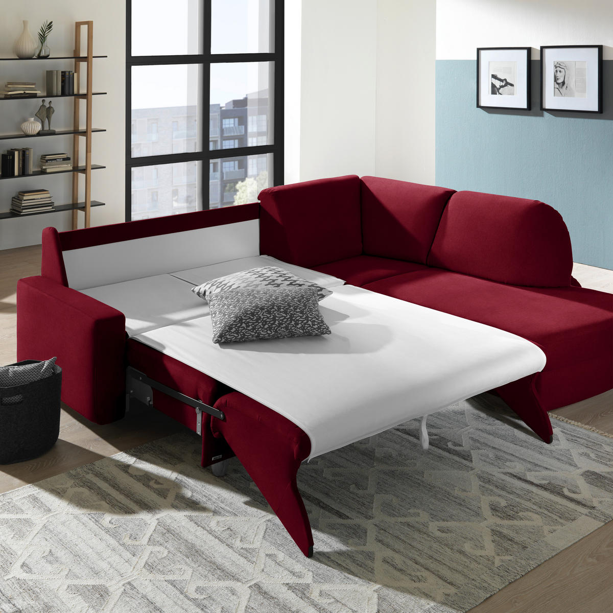 ECKSOFA in Flachgewebe Bordeaux  227/208 cm  - Eichefarben/Bordeaux, KONVENTIONELL, Holz/Textil (227/208cm) - Sedda